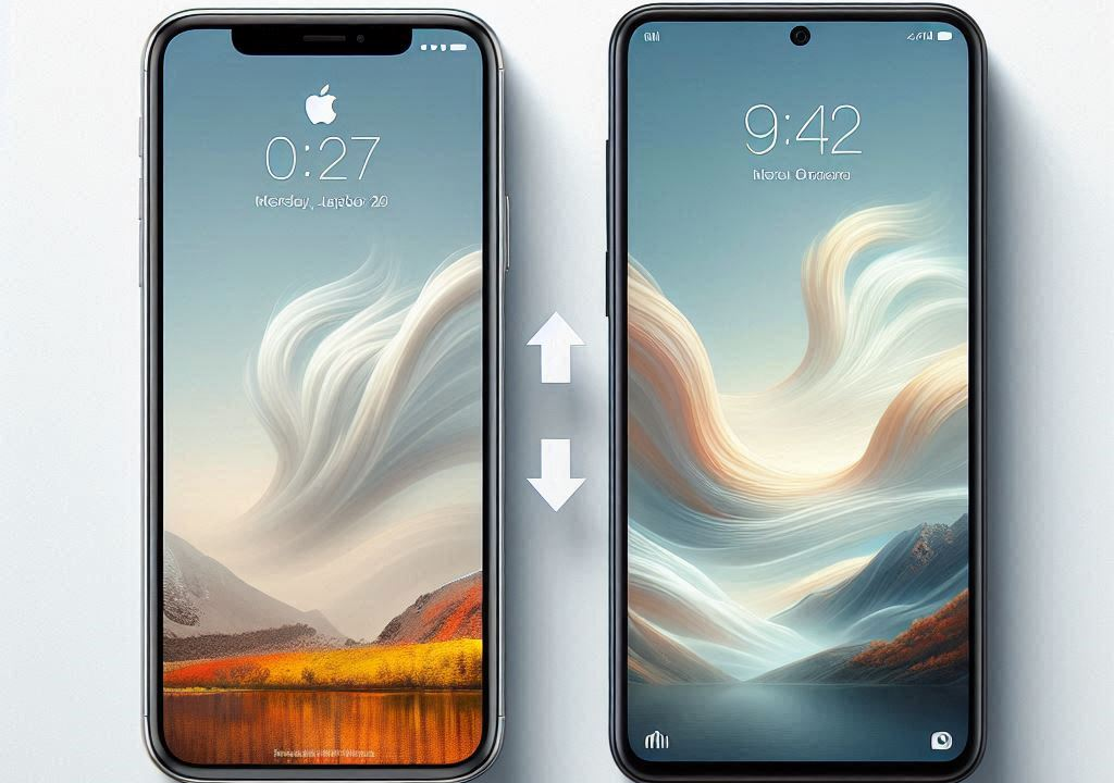 image of iphone and xiaomi mi 11 with white background and arrow signs between them showing transfering data from iphone to xiaomi