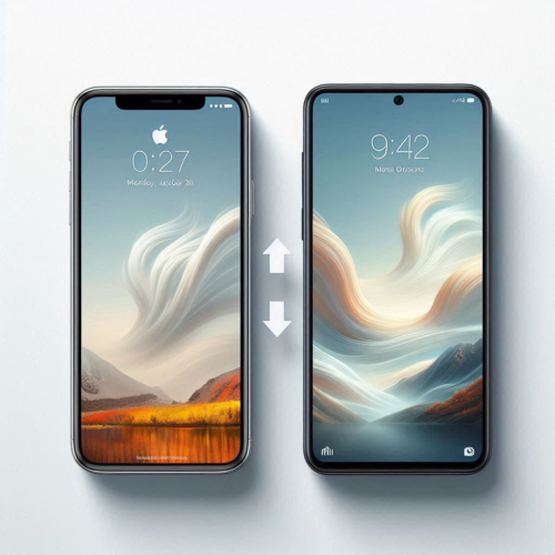 image of iphone and xiaomi mi 11 with white background and arrow signs between them showing transfering data from iphone to xiaomi